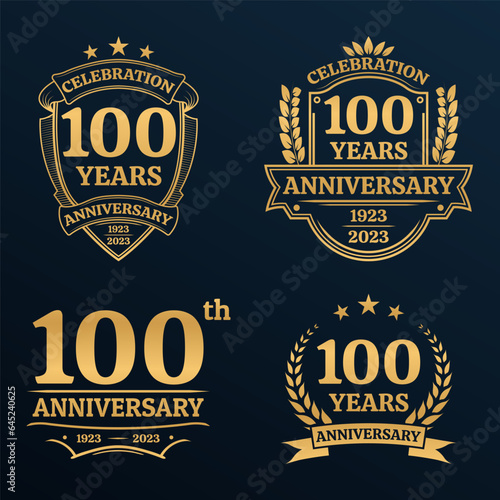 100 years anniversary icon or logo set. Vintage birthday banner design. 100th anniversary jubilee celebration golden badge or label collection. Vector illustration.