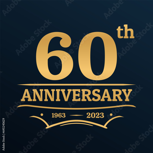 60 years anniversary golden logo, icon, label or badge. 60th jubilee, birthday celebration vintage design template. Wedding, invitation card element. Vector illustration.