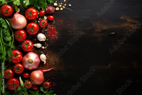 Ingredients for making tomato salsa on dark brown wooden background. Traditional mexican sauce. Tomato, basil, spices, chili pepper, onion, garlic. Vegan diet food concept. Top view with copy space
