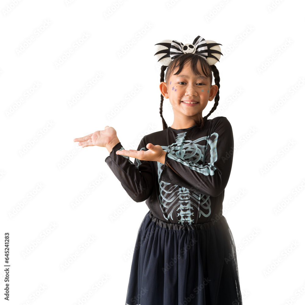 Happy asian little girl wear Halloween costume and Hand open and ready presentation to the side , isolated on white and transparent background Happy asian little girl wear Halloween costume and Hand open and ready presentation to the side , isolated on white and transparent background