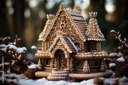 Little gingerbread house with glaze standing on table with tablecloth and decorations, AI Generated