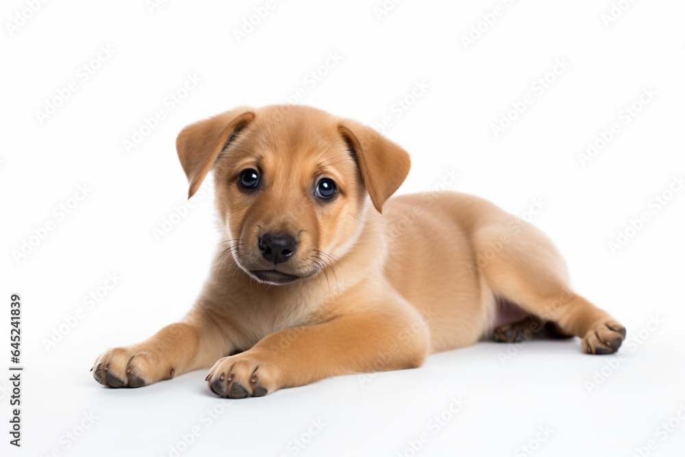 a puppy is laying down on a white surface