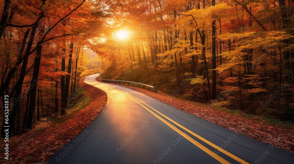 Road in an autumn sunset
