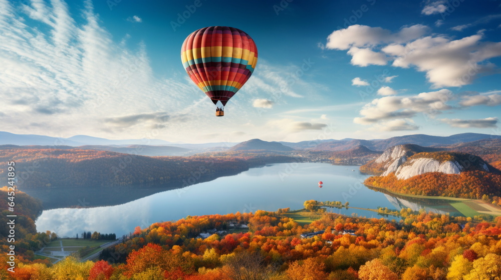 Fototapeta premium Hot air balloon over the river in sunset in autumn
