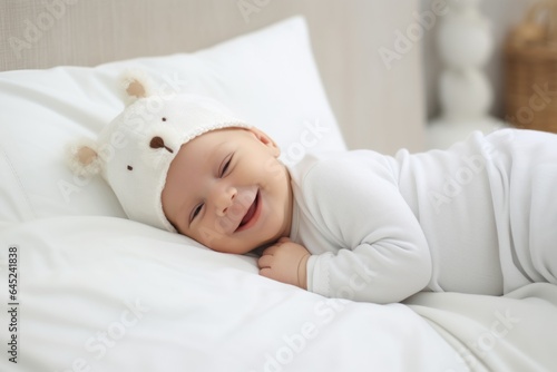 Portrait adorable cute happy joyful little newborn baby smiling looking camera lying white bed flowers home. Healthy child life childbirth girl infant family values moments happiness loving parents
