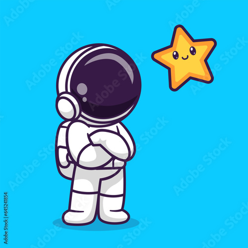 Cute Astronaut Looking Star In Space Cartoon Vector Icon 
Illustration. Science Technology Icon Concept Isolated 
Premium Vector. Flat Cartoon Style