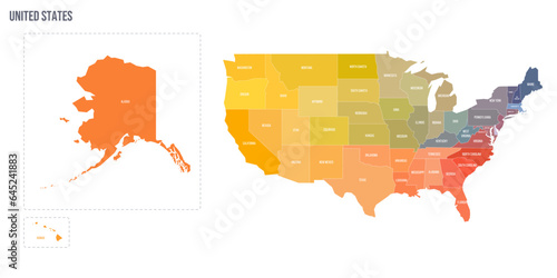United States of America political map of administrative divisions - states and federal district Washington, D.C. Colorful spectrum political map with labels and country name.