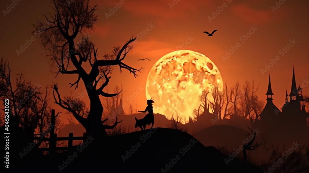 Silhouette of a witch on a hill on halloween night