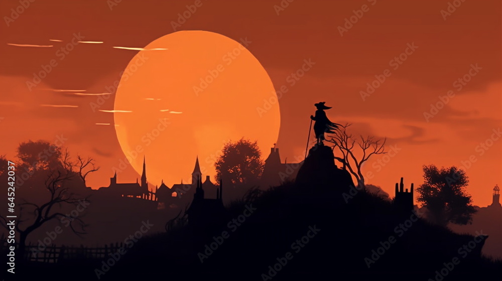 Silhouette of a witch above the rooftops of a city on halloween night