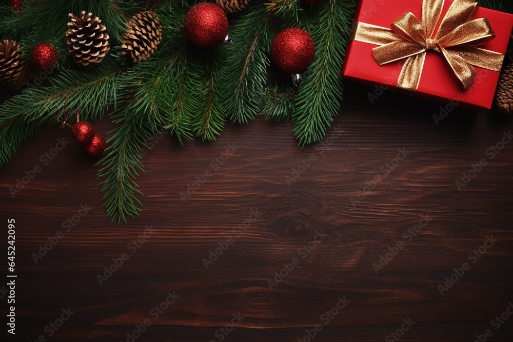 Christmas background with fir tree branches and gift box on dark wooden table.Generative Ai Christmas background with fir tree branches and gift box on dark wooden table.Generative Ai