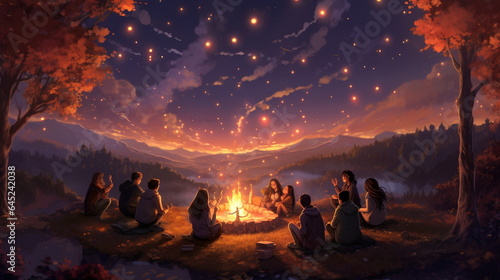 Gathering of friends around a campfire on night by a lake 