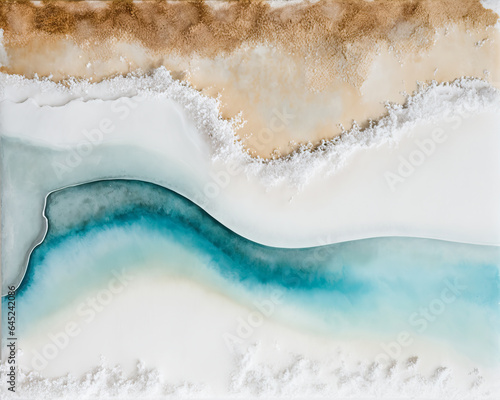 Abstract watercolor blue ocean, sand beach and sea foam for textures. Fresh, cheerful and relaxing summer concept. Positive and healthy tones to background or wallpaper. Generative Ai
