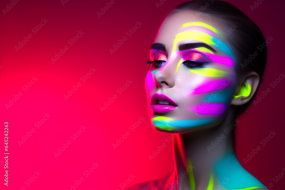 Fashion editorial Concept. Closeup portrait of stunning pretty woman with chiseled features, neon bright fluorescent makeup. illuminated with dynamic composition dramatic lighting. copy text space	
