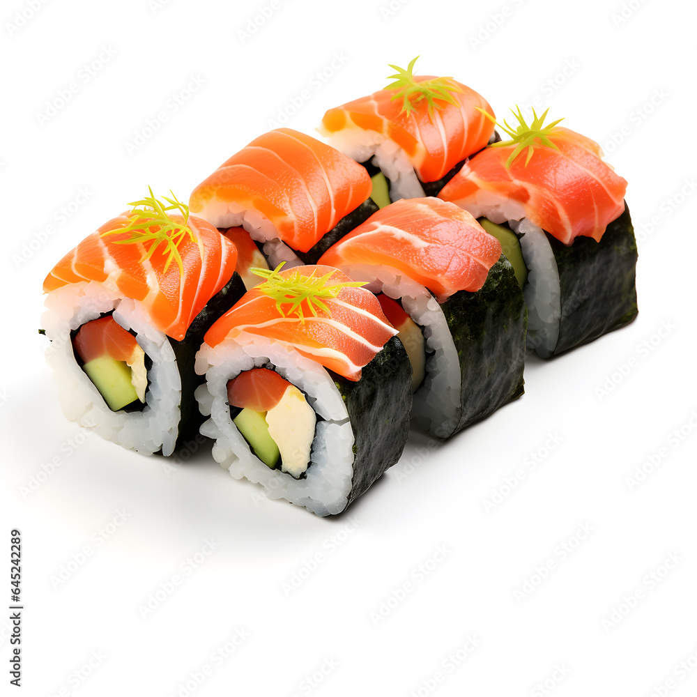 Sushi rolls with salmon and avocado isolated on white background. Japanese food. Ai generate Sushi rolls with salmon and avocado isolated on white background. Japanese food. Ai generate