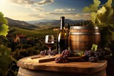 Glass of fresh chilled ice red or rose wine with grapes, bottle and barrel on a sunny background. Italy vineyard on sunset. Drink for party, wine shop or wine tasting concept with copy