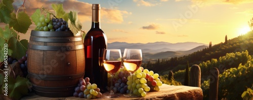 Banner with two glass of fresh chilled ice red or rose wine with grapes, bottle and barrel on a sunny background. Italy vineyard on sunset. Drink for party, wine shop or wine tasting concept with copy