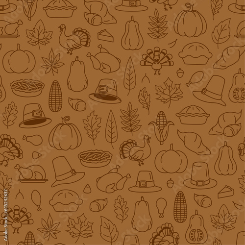 Subtle brown on brown hand drawn thanksgiving seamless pattern doodle