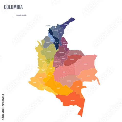 Colombia political map of administrative divisions - departments and capital district. Colorful spectrum political map with labels and country name.