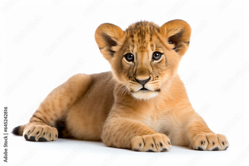 Fototapeta premium a lion cub is laying down on a white surface