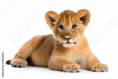 a lion cub is laying down on a white surface