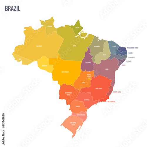 Brazil political map of administrative divisions - Federative units of Brazil. Colorful spectrum political map with labels and country name.