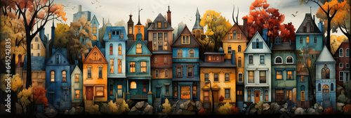 Colorful houses and streets in the city. Colorful illustration.