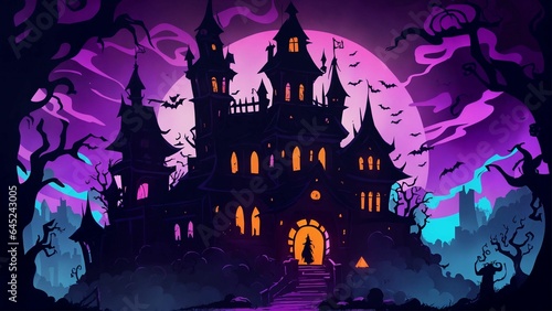 Halloween background with castle, pumpkins and bats. Illustration.