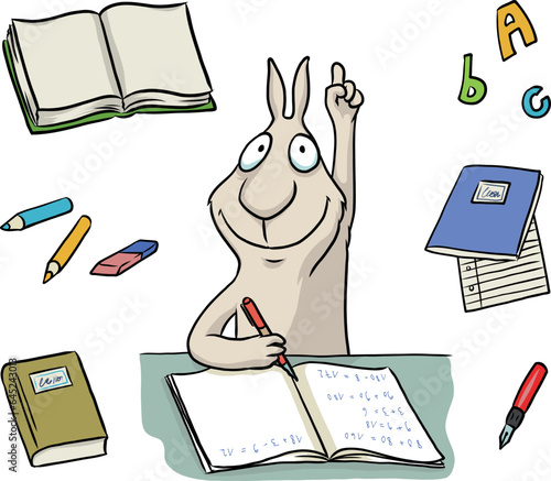 Cartoon: niedlicher Hase als Schulkind und Erstklässler im Unterricht umgeben von Büchern, Heften, Stiften und Buchstaben