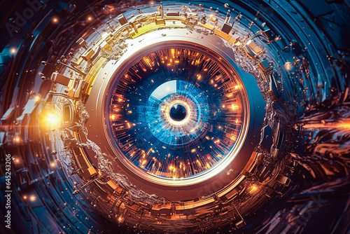 A mysterious mechanical sphere like a human eye. Threats to humanity  AI  development of civilization  the dangers of technology and future concept. Made with Generative AI