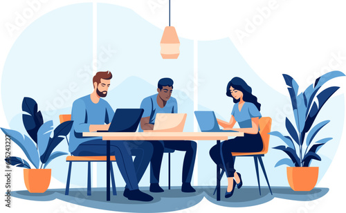 Flat vector illustration. A group of people, a girl and guys, working on a project. Concept of co-working and common task, teamwork. Vector illustration