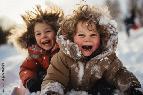 beautiful little children on the snow in winter having fun, AI Generated