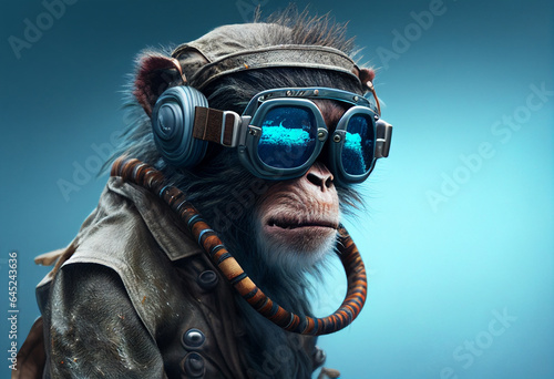 Fototapete Funny monkey dressed as aviator with helmet and goggles on the road generative a
