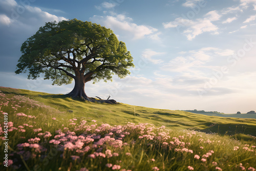 Lonely tree in the meadow. Spring landscape.