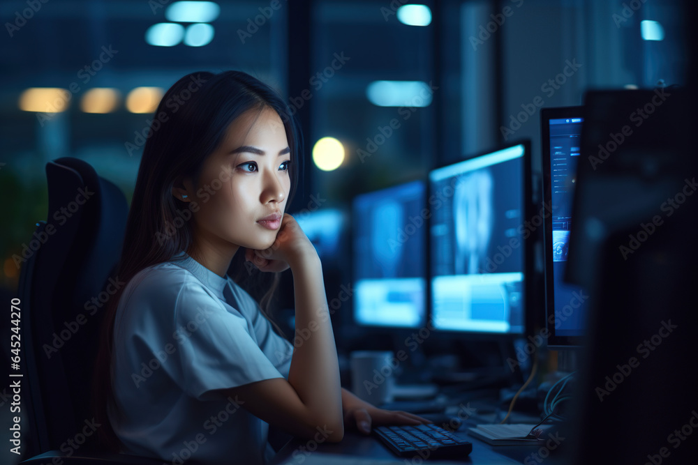 Portrait of Beautiful Asian Manager Using Desktop Computer Night light, Corporate Office, Analysing Statistics, Commerce Data, Marketing Plans. Portrait of Beautiful Asian Manager Using Desktop Computer Night light, Corporate Office, Analysing Statistics, Commerce Data, Marketing Plans.