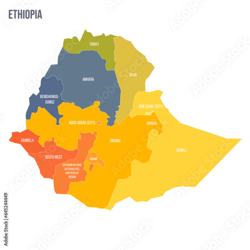 Ethiopia political map of administrative divisions - regions and chartered cities. Colorful spectrum political map with labels and country name.