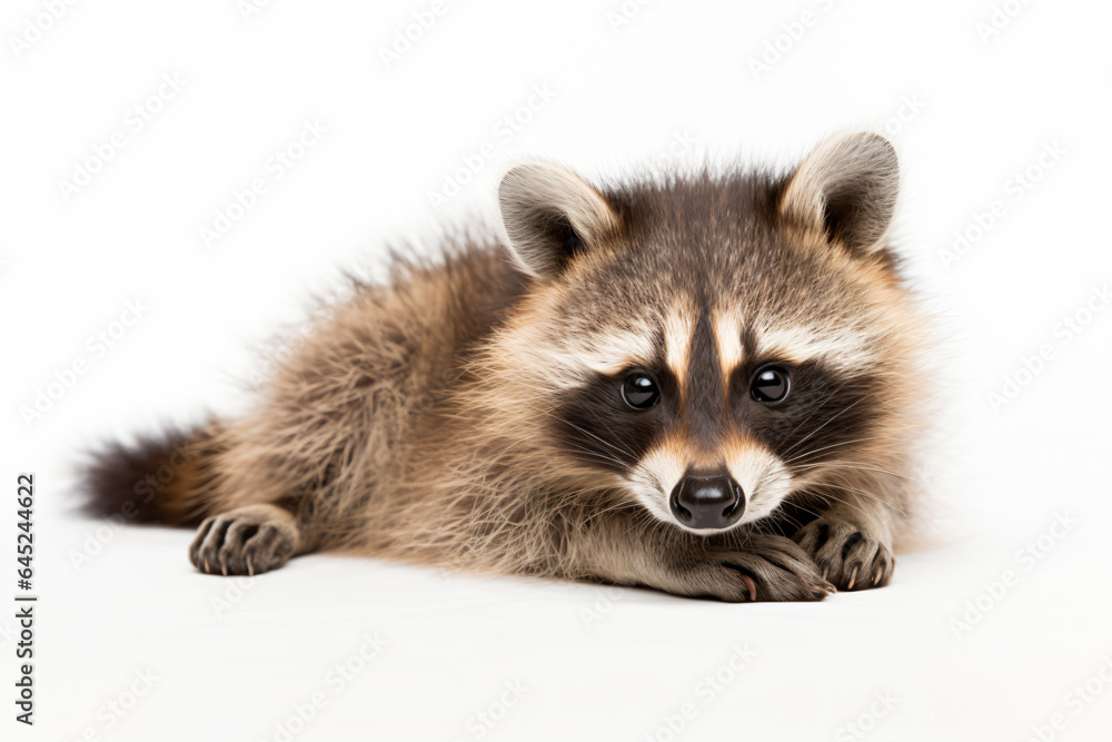 a raccoon laying down on a white surface