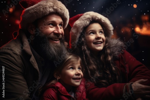 family mother father and children standing outdoors in snow watching fireworks, AI Generated