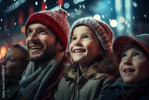 family mother father and children standing outdoors in snow watching fireworks, AI Generated
