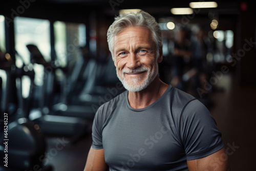 Ageless muscular fit old man with grey hair energetic in the gym during workouts in front of treadmills, smiling healthy, and happy