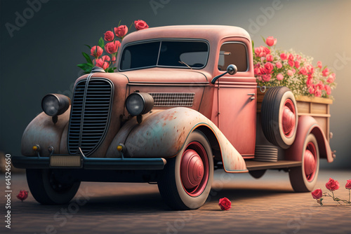 Vintage truck with flowers on isolated background. 3D rendering. generative ai
