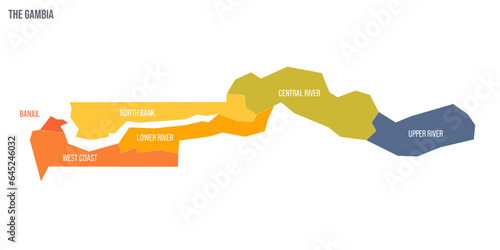 The Gambia political map of administrative divisions - regions and city of Banjul. Colorful spectrum political map with labels and country name.