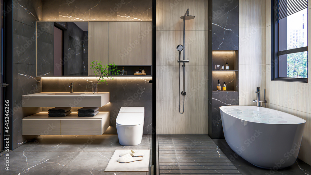 3d render modern bathroom full scene interior  - obrazy, fototapety, plakaty 