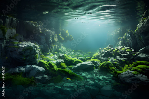 Underwater view of a cave with green algae and fish in the ocean.