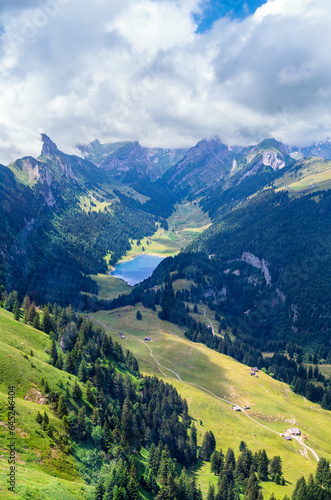 A view at the beautiful Swiss mountain landscape of Appenzell with Samtisersee  view from the peak of Hoher Kasten