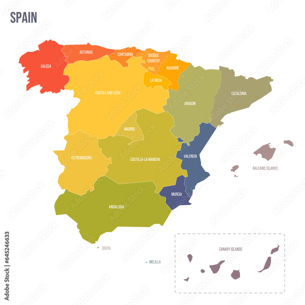 Spain political map of administrative divisions - autonomous communities and autonomous cities of Ceuta and Melilla. Colorful spectrum political map with labels and country name.