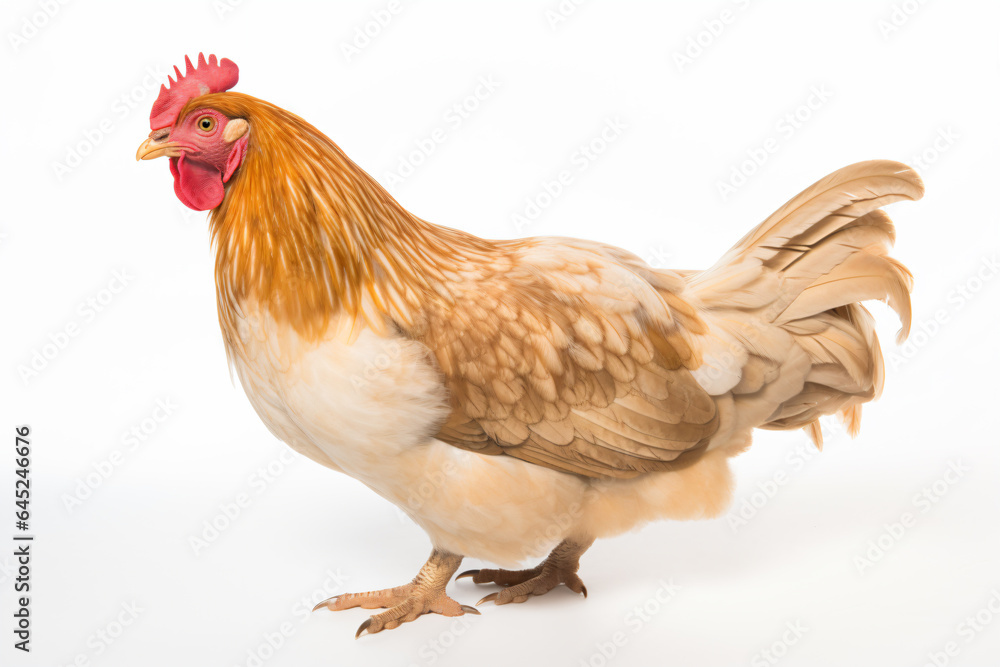 Fototapeta premium a chicken with a red comb standing on a white surface