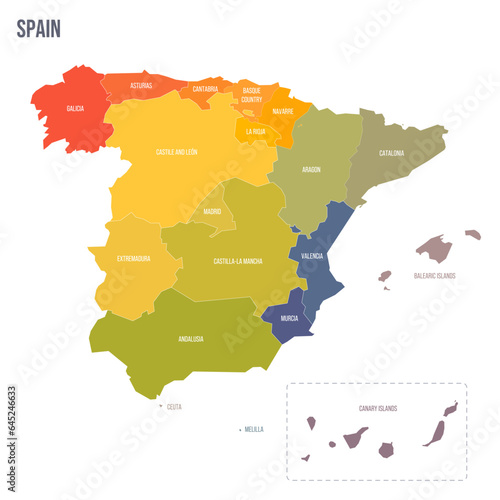 Spain political map of administrative divisions - autonomous communities and autonomous cities of Ceuta and Melilla. Colorful spectrum political map with labels and country name.