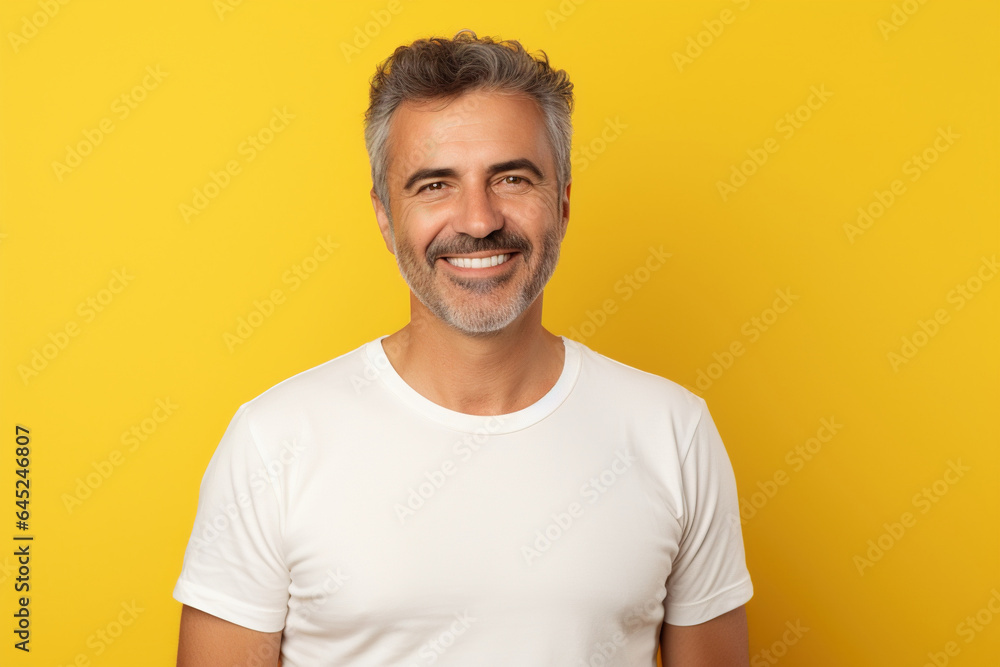 Middle age smiling handsome caucasian man wearing white t-shirt isolated on a yellow background. AI Middle age smiling handsome caucasian man wearing white t-shirt isolated on a yellow background. AI