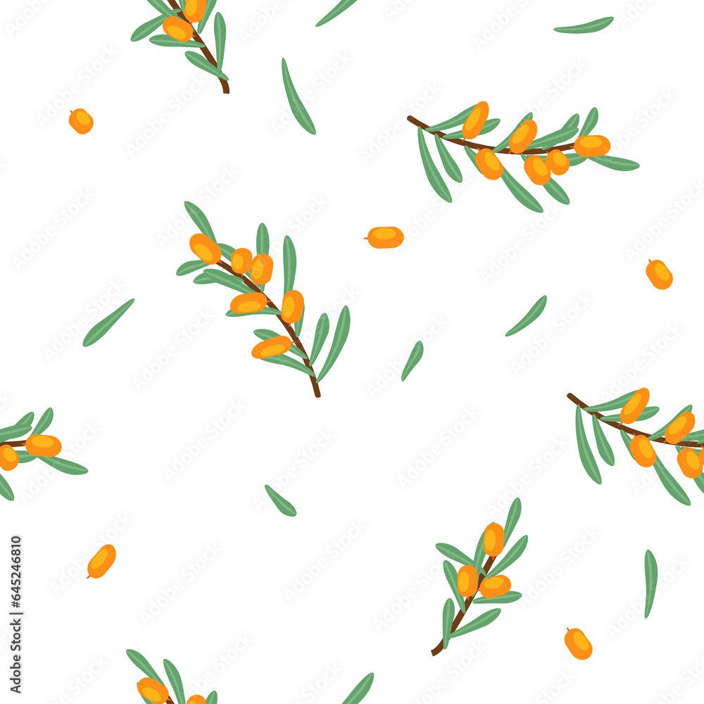 Vector seamless floral pattern with branches and sea buckthorn berries
