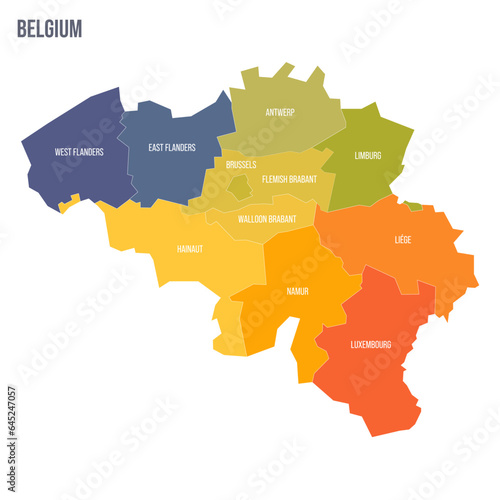 Belgium political map of administrative divisions - provinces. Colorful spectrum political map with labels and country name.